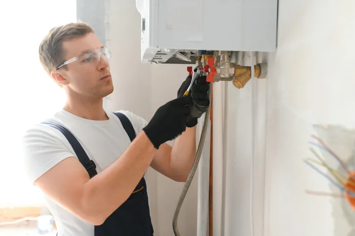 technician servicing a boiler