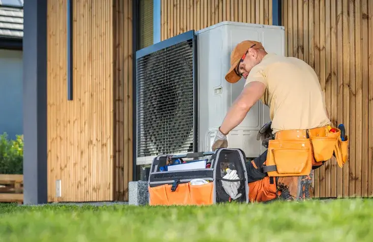 technician servicing a heat pump