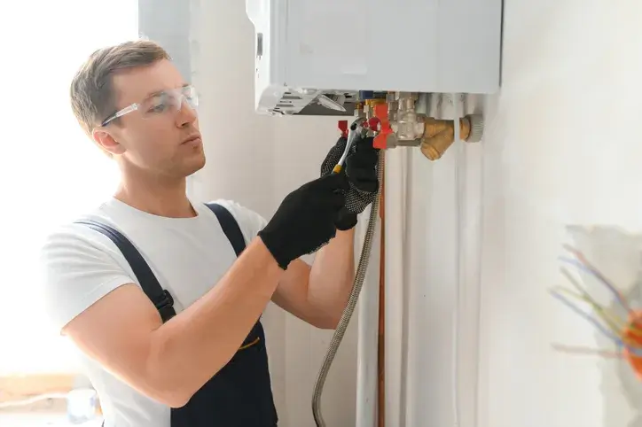 technician servicing a water heater